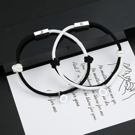 Remote Bracelet Pack of 2 Attraction Rope Braided Bracelets with Magnetic Bells, Perfect Jewellery Gift for Couples, Families, Sisters, Best Friends, Stainless steel, N Black-W