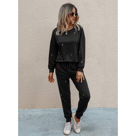 PRETTYGARDEN Women's Two Piece Loungewear Fall Casual Long Sleeve Tops Jogger Pants Pajama Sets Matching Outfits Clothing (Solid-Black,Large)