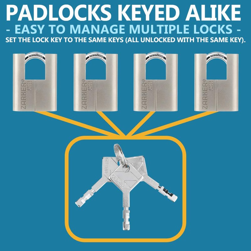 Zarker J45S keyed Alike Padlocks, Heavy Duty Stainless Steel Shackle