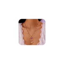 Boho Layered Pearl Seashell Necklace for Women Dainty Long Layering Pearls Starfish Choker Star Shell Statement Necklaces Trendy Beach Vacation Jewelry (Gold-2)