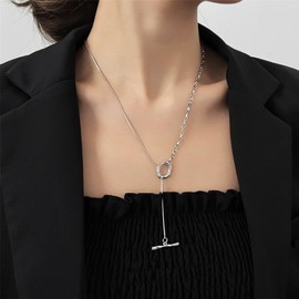 Xmsrn Vintage Long Bar Drop Y Necklace Silver Chain Tassel Y Lariat Necklace Long Splice Chain Pull Necklace Irregular T Bar Choker Necklace for Women