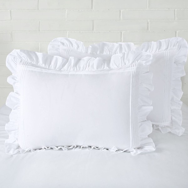 Ruffled Pillow Shams King White Shabby Chic Set of 2 Farmhouse Pillowcases Country French Rustic Pretty Cute Vintage Victorian Princess Frilly Lace Large Pillow Cover Cotton 20x36