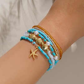 SLYAIH Shell Bracelet Boho Beaded Stretch Bracelets for Women Seashell Summer Beach Bracelet Starfish Charm Bracelets Stackable Gold Pearl Beads Bracelets for Women Jewelry Accessories Gifts