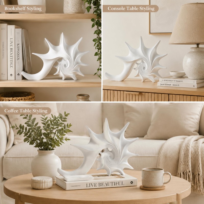 Coastal Nautical Beach Decor White Conch Resin Statue