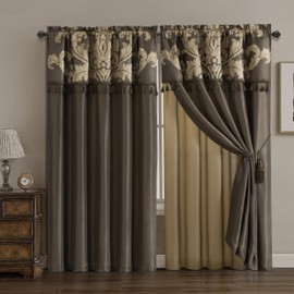 Chezmoi Collection Royale 4-Piece Jacquard Floral Window Curtain/Drape Set with Sheer Backing Valance Tassels, Coffee/Gold