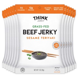 Think Jerky Sesame Teriyaki Beef Jerky, Grass-Fed High Protein Beef, Gluten Free, No Antibiotics or Nitrates, Healthy Chef Crafted Recipe, Low Calorie and Low Fat - 1.0 oz Bags, 12 Pack