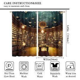 Magic Library Curtains, Bright Bookshelf Under Mysterious Nebula Starry Sky, Blackout Rod Pocket Window Treatments for Living Room Reading Room Bedroom (21x45in) x2 Panels