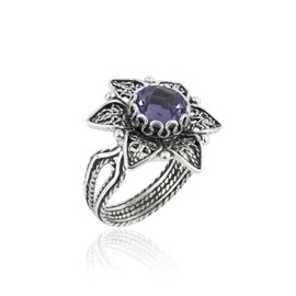 Filigranist 925 Sterling Silver Filigree Art Daisy Flower Motif Amethyst Gemstone Woman Cocktail Statement Ring, Gift Boxed (Amethyst, 8)