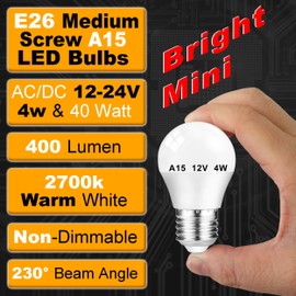 A15/G45 LED Light Bulb 4W Equivalent 40W Halogen Warm White 2700K 400lm Low Voltage 12V-24V E26 E27 Standard Base for Off-Grid Cabin RV Marine Boat Landscape Court Yard Gazebo Lamppost, 3 Pack
