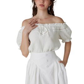 Women Renaissance Tops Summer Square Neck Puff Sleeve Peasant Blouse Ivory XL