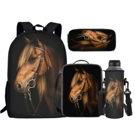 JEOCODY Horse Backpack and Lunch Box for Girls Boys Elementary School Bags with Pencil Case and Bottle Holder for Kindergarten Primary School Bookbag Set of 4