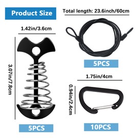 5pcs Deck or Dock Anchors with Cable for Gap Between Boards. Aluminium Alloy Fishbone Furniture Anchor Pegs with Carabiners for Securing Lounge Chair, Table, Chaise and Kayaks during Hurricanes