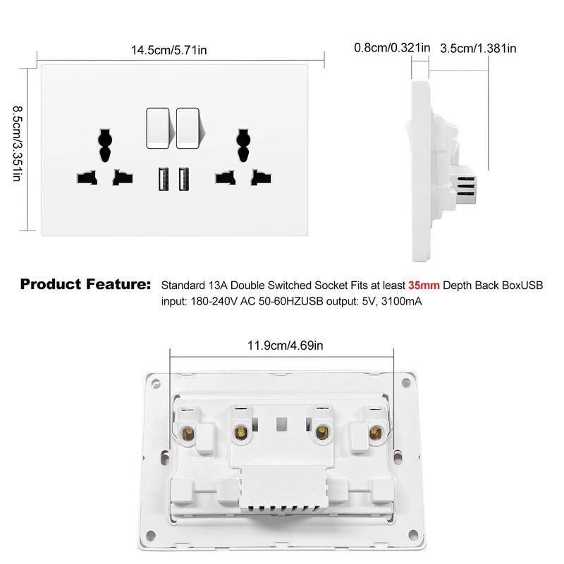 Electrical Double Switched Power Wall Plug Socket with Two USB