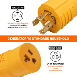 MECMO NEMA L14-30P to 5-15R 5-20R Generator Adapter, 4 Prong Twist Lock Generator L14-30P to 110V 5-15/20R T-Blade, 30 Amp to 15 Amp 20 Amp Household Plug Generator Distribution Adapter 125/250V 7500W