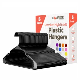 Black Plastic Hangers 5 Pack– Heavy-Duty Plastic Hangers Slim and Space-Saving Hangers, Durable and Lightweight PP Hangers with Non-Slip Shoulder Notches for Slip Dresses, Suits, Jackets & Camisoles