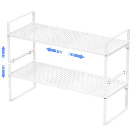 ARCCI Expandable Kitchen Cabinet Shelf Organizers 2 Pack, Stackable Metal Pantry Storage Shelves Rack, Adjustable Counter Shelf for Cabinets, Countertop, Cupboard Organizers and Storage, White