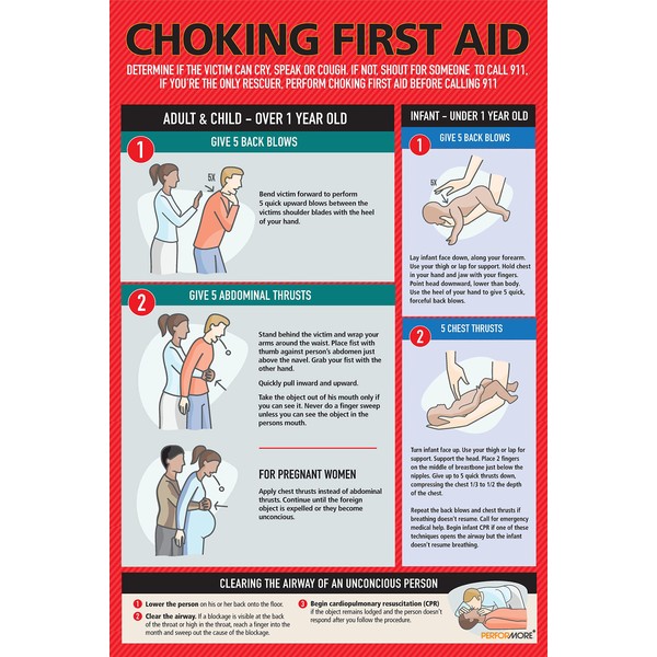Safety Choking Victim Poster Measures 12" x 18", Choking First Aid Poster for Infants, Kids, Pregnants, and Adults, First Aid Guide Quick Reference Guide, Laminated by Ring Binder Depot