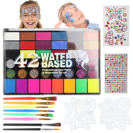Realjoy Children's Make-Up Set, 42 Colours Face Paints, Children's Make-Up with 8 Brushes, 2 Stencils, 2 Stickers, Safe, Non-Toxic and Washable, Halloween, Christmas, Fancy Dress Make-Up Face Paint