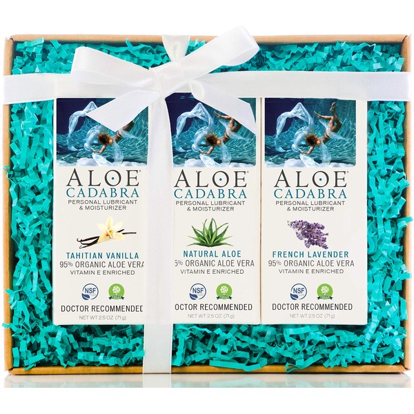 Aloe Cadabra Organic Personal Lubricant and Natural Vaginal Moisturizer Oral Pleasure Decorative Box Set with Natural, Lavender and Vanilla Flavored Lubes