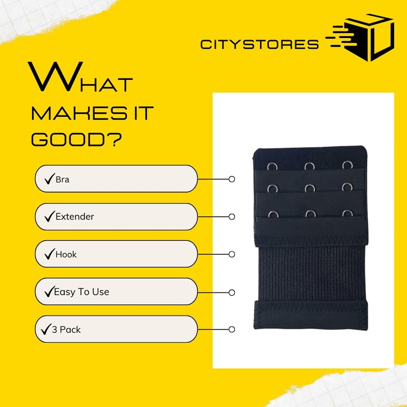 citystores® 3 Pack Black 3-Hook Bra Extender Adjustable Bra Strap