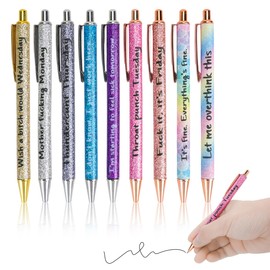 9 Pcs Funny Daily Pens, Fun Ballpoint Pen Set Describing Mentality, Metal Bling Gel Pens, Retractable Black Ink Pen with Sayings, Swear Words Glitter Pens for Adult Gifts Office Supplies (9Pcs)