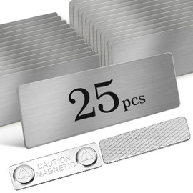 Blank Magnetic Name Tags 25 Pack, 1 x 3 In Name Tags for Clothes, Stainless Steel DIY Name Badges with Strong Magnetic Backing, School Office Supplies, Sliver