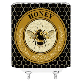 BNYARH Honey Bee Shower Curtain Bees with Daisy Flower Leaf Geometry Honeycomb Modern Farmhouse Black Fabric Bath Curtains Bathroom Polyester Plastic Hooks 70x70Inch Darkgoldenrod, 70×70 lnch
