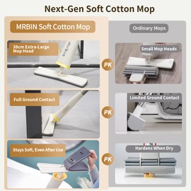 Mrbin Self Wringing Sponge Flat Large Mops Dusting Soft, Hands Free Collapsible Wet Reusable Cleaner Head Replacement with Long Metal Handle for Bathroom Tile, Hard Wood Floor, Wall Cleaning, White