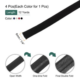 MECCANIXITY 1/4 Inch Double Fold Bias Tape Cotton Continuous Bulk Bias Tape for Sewing,Seaming Quilting Hemming Binding Crafts (Black,Warm White,Navy Blue,Deep Red 12 Yards)