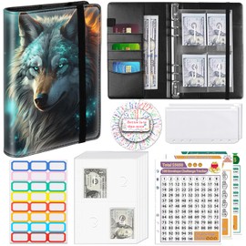100 Envelopes Money Saving Challenge A5 Money Saving Binder with Cash Envelopes，Budget Binder Savings Challenge Book for 100 Day to Save $5,050 for Budgeting Planner，Wolf in Nebula
