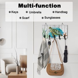 Key Holder for Wall Ocean Turtles Wood Wall Mounted Key Hooks Hang Key/Dog Leash/Sunglasses Rustic Farmhouse Barn Watercolor Key Rack Organizer with 5 Hooks for Home, Entryway, Hallway