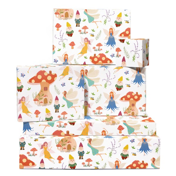 Mushroom Wrapping Paper - 6 Eco Gift Wrap Sheet - All Occasion Wrapping Paper - Fairy - Flowers - Dwarf - Comes With Fun Stickers - Recyclable - By Central 23