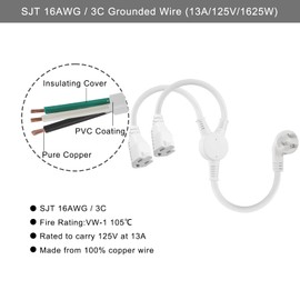 KUNCAN Power Y-Splitter Extension Cord - 1FT 16AWG 2-Outlet Splitter Extension Cord, 3 Prong 45-Degree Angled Plug NEMA 5-15P to NEMA 5-15R x2, 1 to 2 Way Extension Cable, 125V 13A 1625W, White 1-Pack