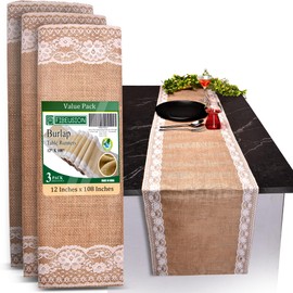 Burlap Lace Table Runner (Pack of 3) – 12”x 108” - No-Fray Finished Edge Natural Table Runner – No Odor, Eco-Friendly Burlap Runner - Perfect for Christmas, Wedding, Thanksgiving