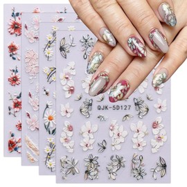 JMEOWIO 3D Embossed Flower Nail Art Stickers Decals Self-Adhesive 5D Spring Summer Flora Nail Supplies Nail Art Design Decoration Accessories 4 Sheets