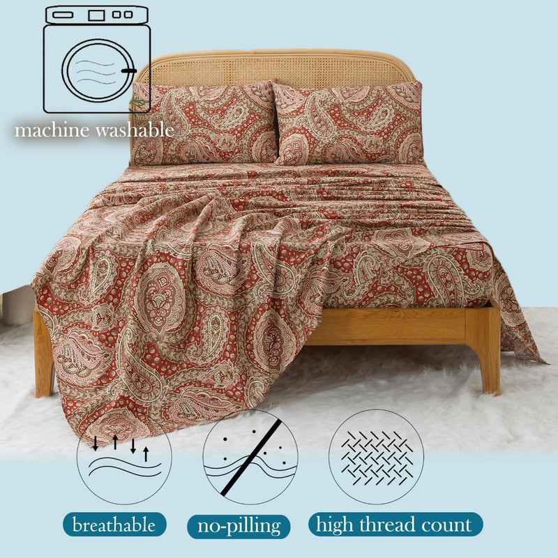 Zusbest Queen Size Bed Sheet Set 100% Cotton Burgundy Red