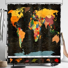 LIGHTINHOME Vintage World Map Shower Curtain 60Wx72H Inches Retro Educational Globe Geography Black Earth Technology Colorful Kids Cloth Fabric Waterproof Polyester Bathroom Home Decor Set with Hooks