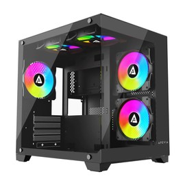 Apevia Prism-BK Prism Micro-ATX Gaming PC Cube Case w/ 5X 120mm ARGB Fans, 366 RGB Modes, Dual Tempered Glass Panels, 240mm Radiator Support, 1X USB3.0, 2X USB 2.0, HD Audio Port, Black