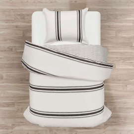 Lush Decor Farmhouse Stripe Reversible Cotton Duvet Cover Set, 2 Piece Set, Twin XL, Black - Twin Bedding Set - Dorm Decor - Striped Duvet Cover For Kids Or Teens - Farmhouse Bedroom Decor