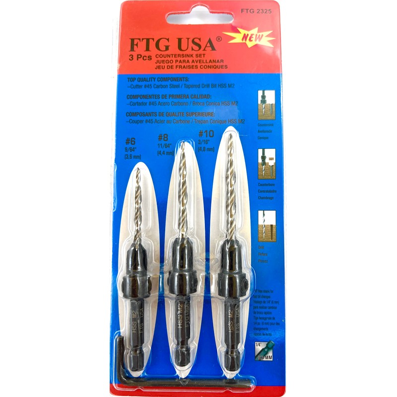FTG USA Adjustable Wood Countersink Drill Bit Set #6#8#10 Set