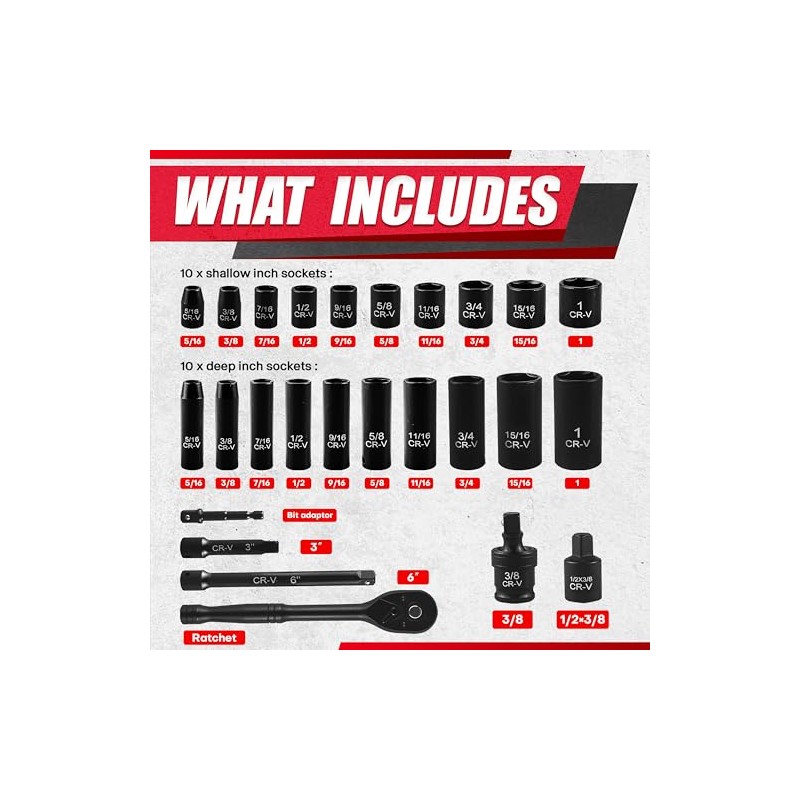 EACELIY 64pcs 3/8" Socket Set,Drive Impact Socket Set, SAE/Metric, Deep