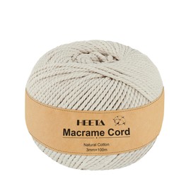HEETA Macrame Yarn, 3 mm x 100 m, Soft Rope Yarn for Crafts, Natural Cotton, Robust, 4 Strands Twisted Cotton Cord for Beginners, DIY Home Decoration