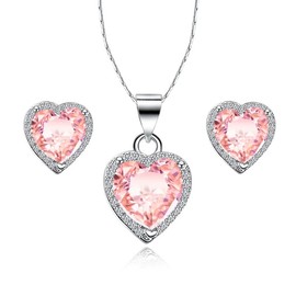Paris Jewelry 18k White Gold Plated Heart 4 Carat Created Pink CZ Full Set Necklace, Earrings
