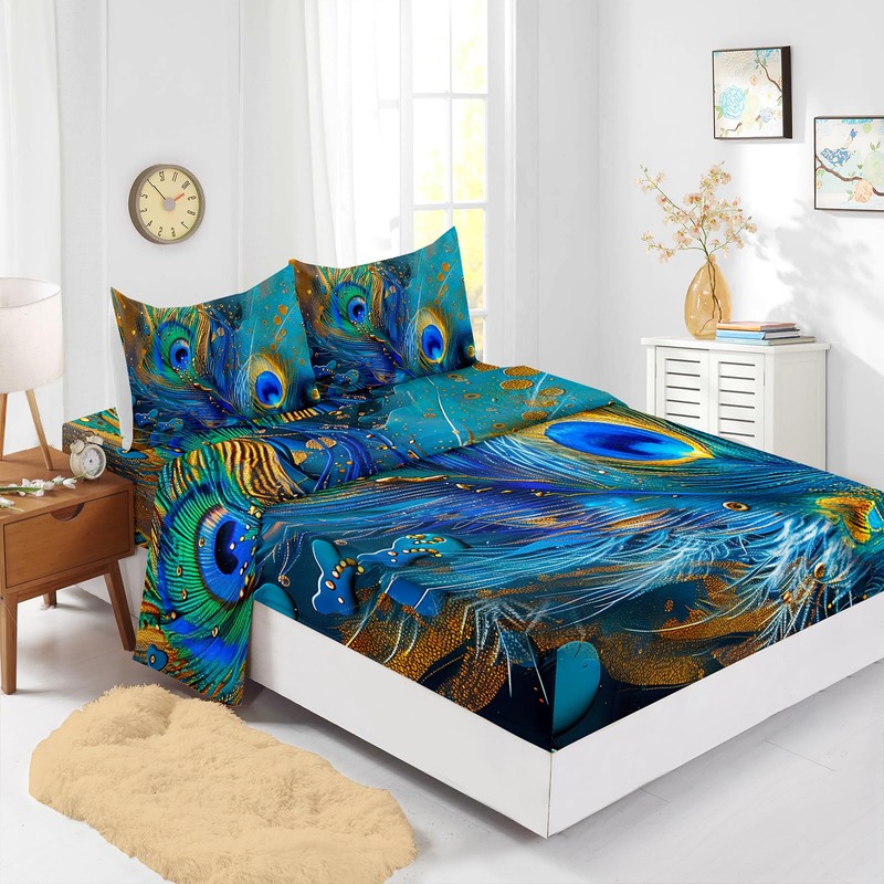 AILONEN Peacock Feather Bedding Set King Size 4Pcs,Golden Blue Feather
