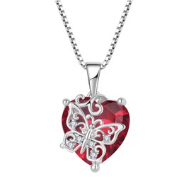 FJ Love Heart Ruby Necklace 925 Sterling Silver Butterfly Necklace July Birthstone Pendant Jewelry Gifts for Women