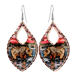 FRONT LINE JEWELRY Artisan Handcrafted Northern Lights Bear Earrings Featuring Alaska Wildlife Animal Earrings of Grizzly Bear at Sunset Background Design - BearJewelry