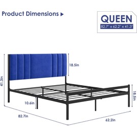 GAOMON Queen Bed Frame, Platform Bed Frame with Velvet Headboard, Metal Bed Frame with Steel Slats Support, Box Spring Optional, Easy Assembly, Blue