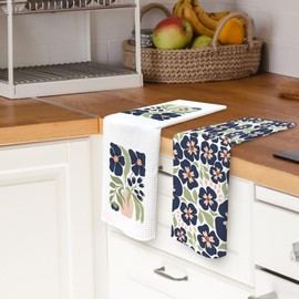 TAEDIN Flowers Floral Kitchen Towels Spring Summer Black and Green Dish Towel 16x24 Inches, Bohemian Decorative Absorbent Dishcloths Tea Towels Set of 2 for Kitchen Hotel Spa Decor