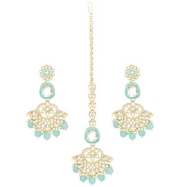Aheli Gold Plated Sky Blue Kundan & Beads Studded Ethnic Dangle Earring & Maangtikka Set Traditional Fancy Jewellery Gift for Women