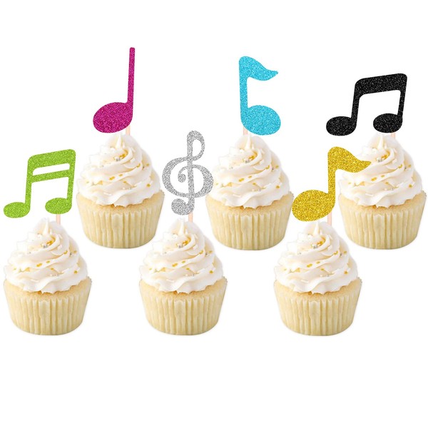 36 piezas de decoración de cupcakes con notas musicales para decoración de fiestas temáticas de música, colorido símbolo musical con purpurina, para niños, baby shower, suministros de fiesta de cumpleaños
